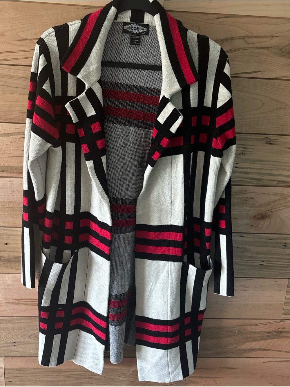 Oliver O  Black, White & Red Plaid Open-Front Cardicoat